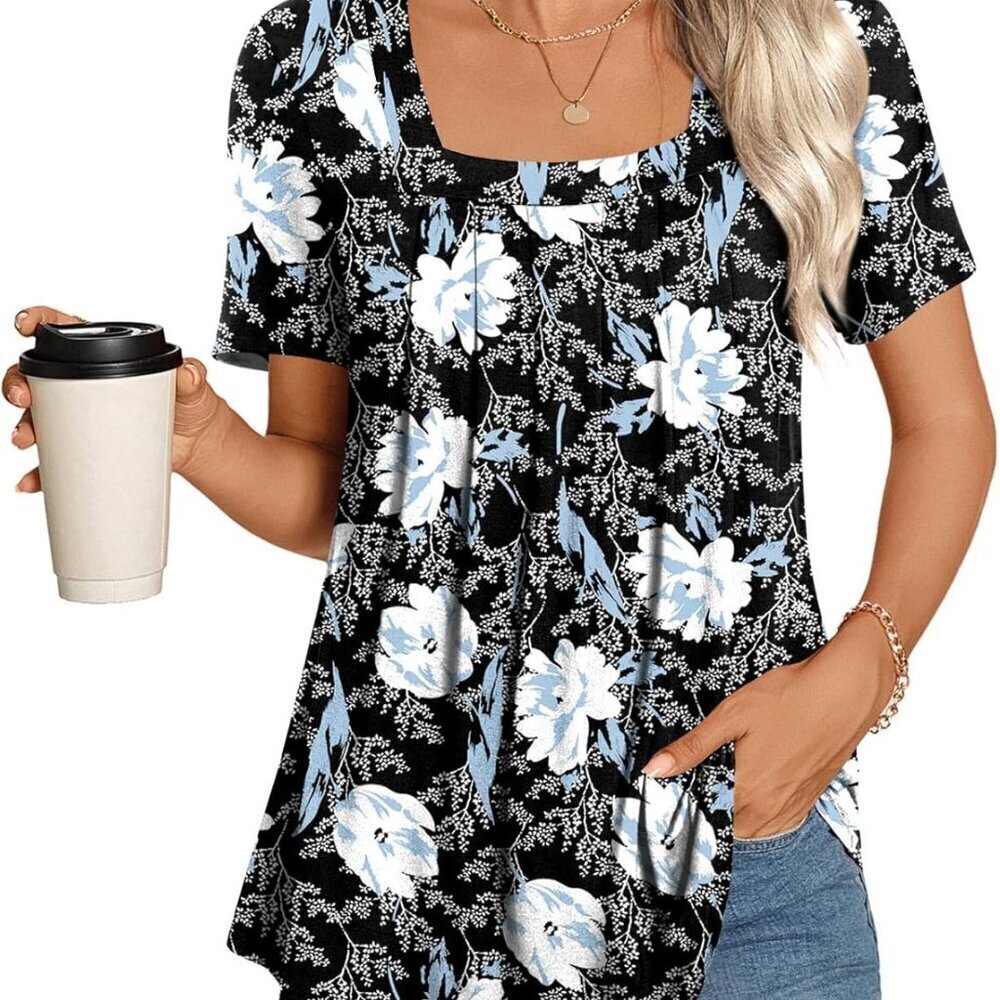 Womens Summer Tunic Top Cotton Square Neck Flowy Casual Dressy S-3XL